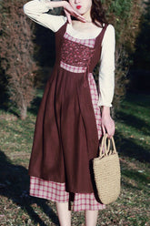 Brown French Retro Pastoral Style Long Sleeves Stitching Plaid Crinkle Sweet Lolita OP Dress (Headkerchief is included)